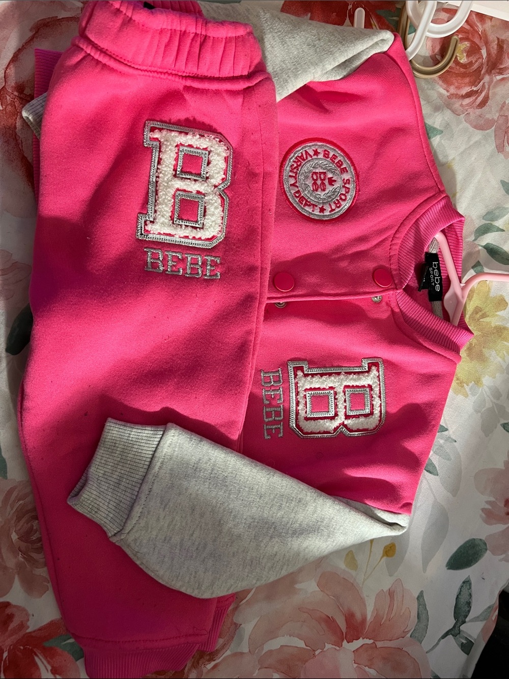 bebe Girls Bright Hot Pink & Gray Jogger Set